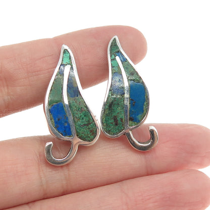 925 Sterling Silver Vintage Mexico Real Azurite Floral Leaf Screw Back Earrings