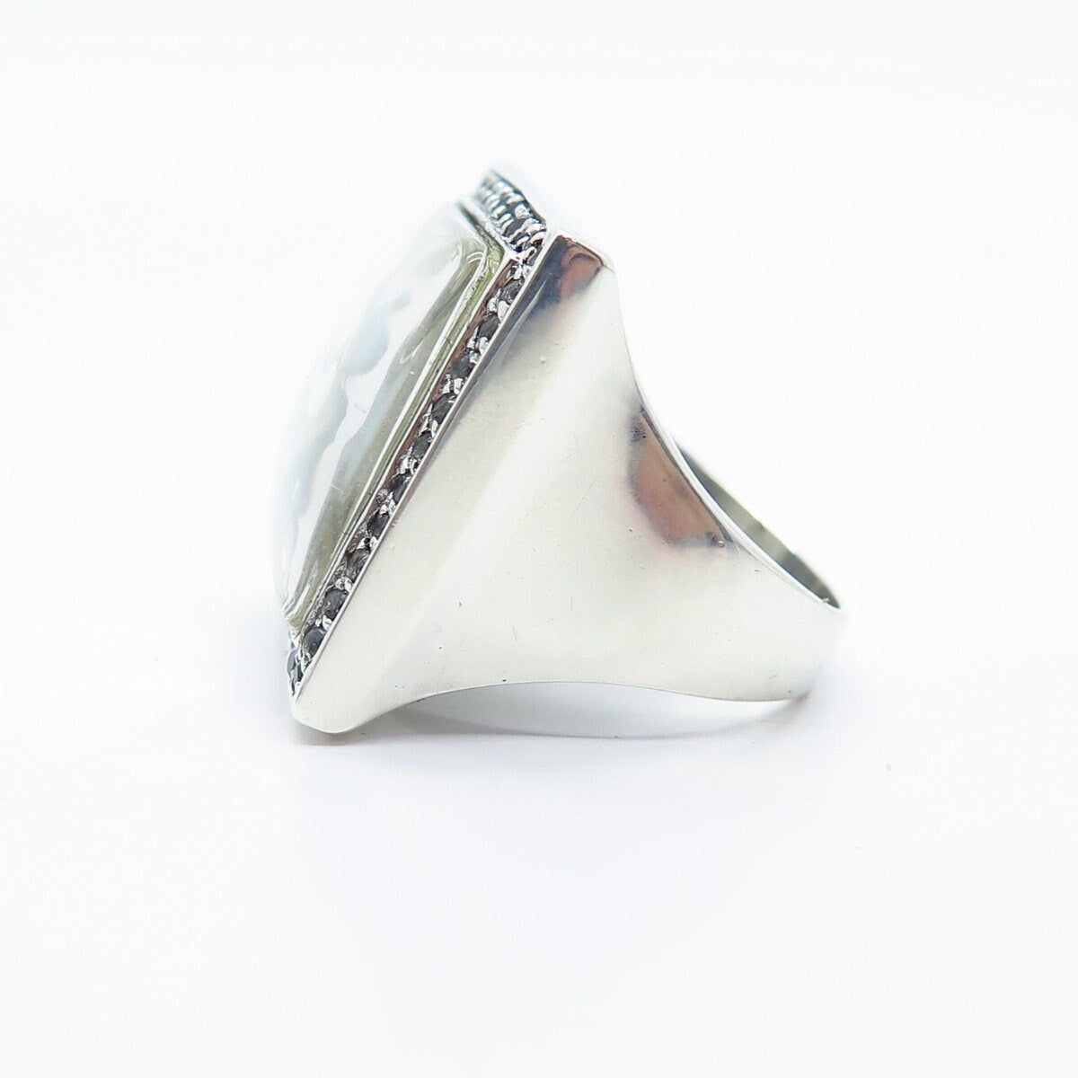 925 Sterling Silver Vintage Mother-of-Pearl & White Topaz Gem Ring Size 8.25