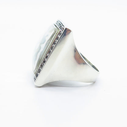 925 Sterling Silver Vintage Mother-of-Pearl & White Topaz Gem Ring Size 8.25