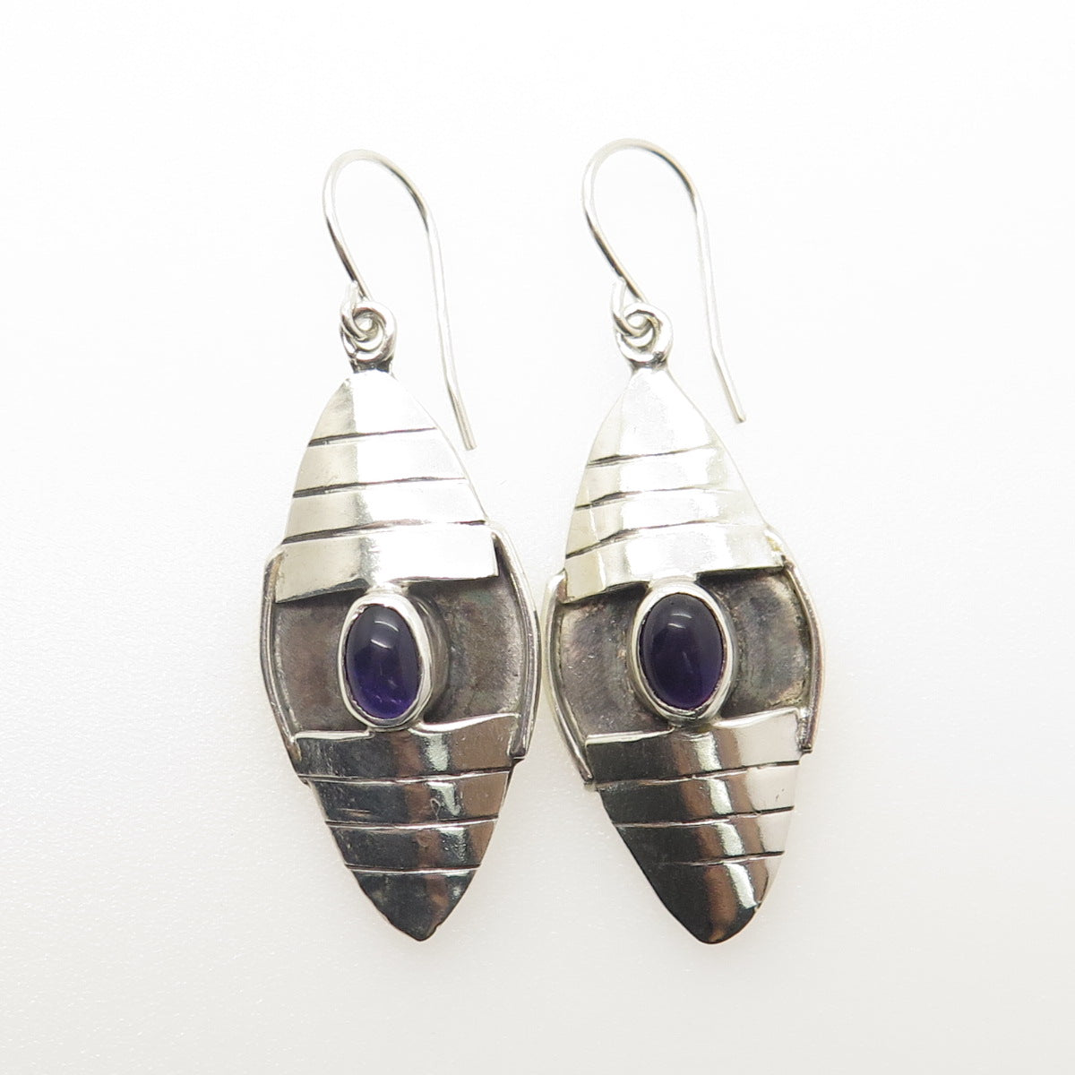 925 Sterling Silver Vintage Real Amethyst Gem Tribal Dangling Earrings