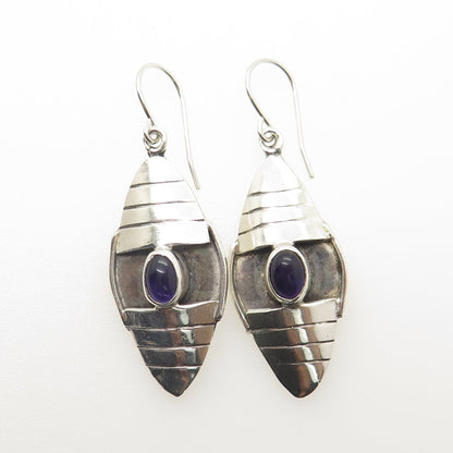 925 Sterling Silver Vintage Real Amethyst Gem Tribal Dangling Earrings