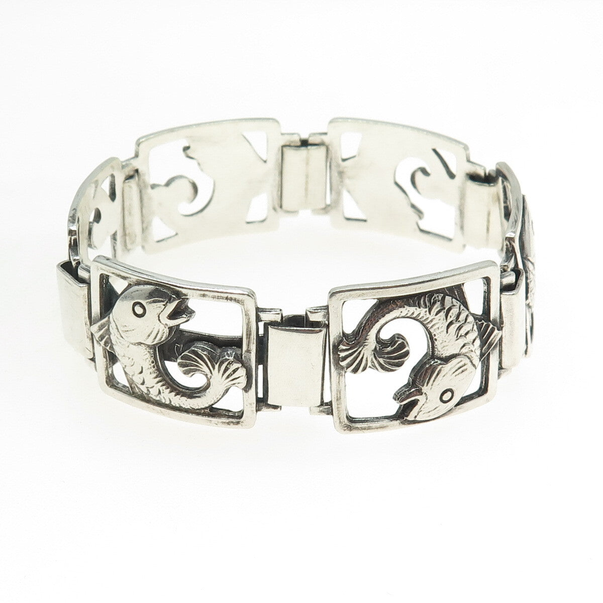 EILER & MARLOE 830S Silver Antique Denmark Fish Panel Link Bracelet 7.25" #131