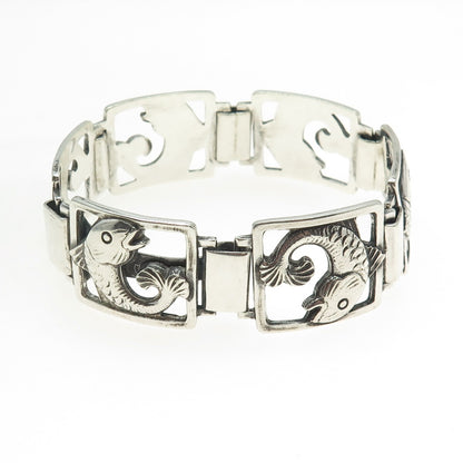 EILER & MARLOE 830S Silver Antique Denmark Fish Panel Link Bracelet 7.25" #131