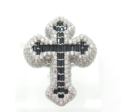 REL 925 Sterling Silver Pave White & Black C Z Cross Statement Ring Size 9.25