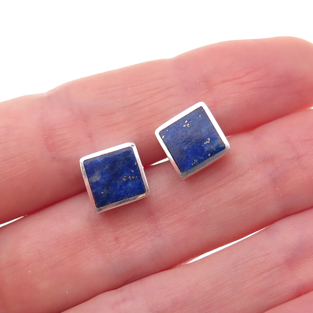 925 Sterling Silver Vintage Real Lapis Square Stud Earrings