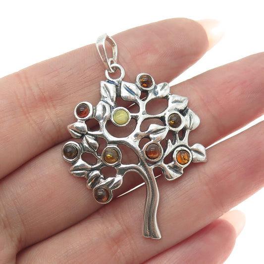 SHUBE 925 Sterling Silver Vintage Real Multi-Color Amber Tree of Life Pendant