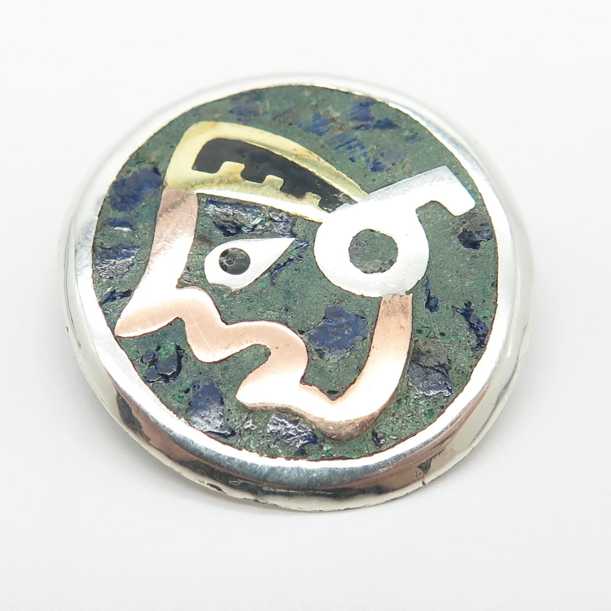 925 Sterling Silver 3-Tone Vintage Mexico Real Azurite Gem Tribal Man Pin Brooch