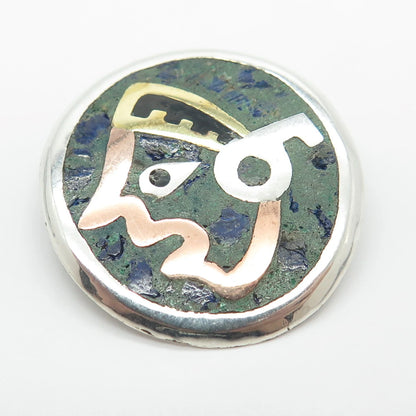 925 Sterling Silver 3-Tone Vintage Mexico Real Azurite Gem Tribal Man Pin Brooch