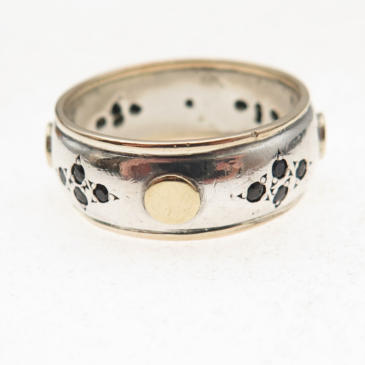 925 Sterling Silver 14K Gold Vintage Real Sapphire Band Ring Size 9