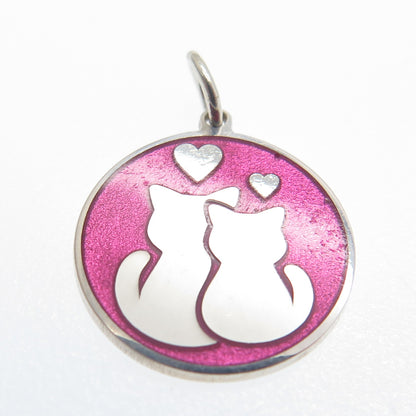 925 Sterling Silver Pink Enamel Cat Couple Round Tag Minimalist Charm Pendant