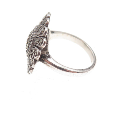 925 Sterling Silver Antique Art Deco Real Marcasite Floral Ring Size 3.25