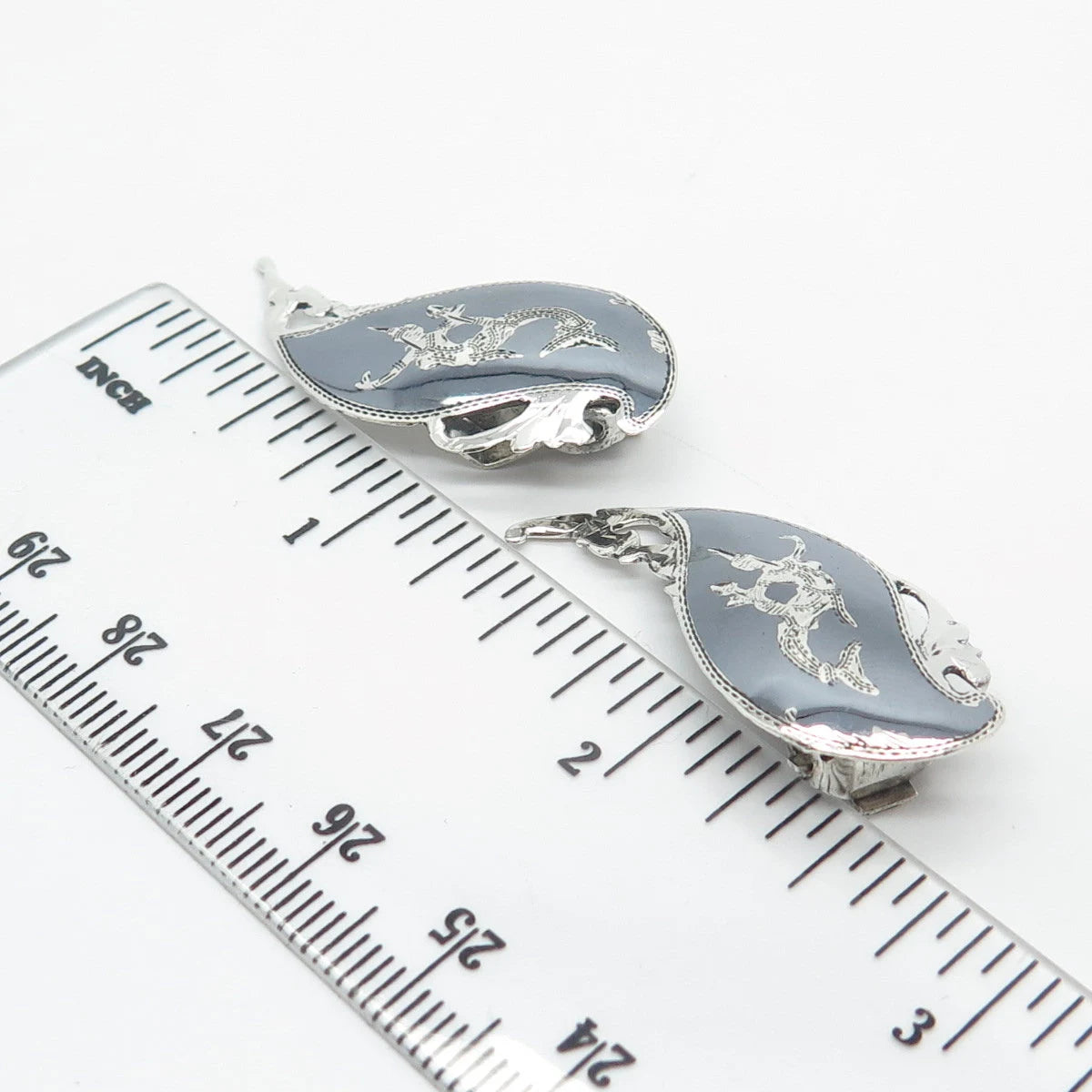 925 Sterling Silver Vintage Siam Niello Hindu Goddess Clip On Earrings