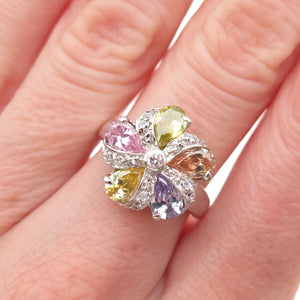 925 Sterling Silver Multi-Color C Z Floral Ring Size 6.5