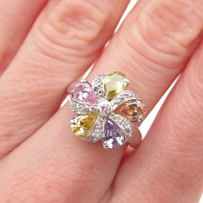 925 Sterling Silver Multi-Color C Z Floral Ring Size 6.5