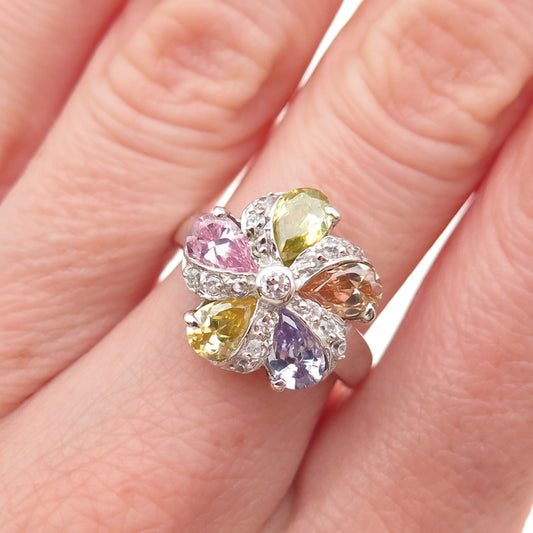 925 Sterling Silver Multi-Color C Z Floral Ring Size 6.5