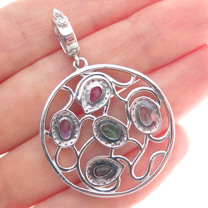 DSMK 925 Sterling Real Sapphire Ruby Blue & White Topaz Amethyst Emerald Pendant