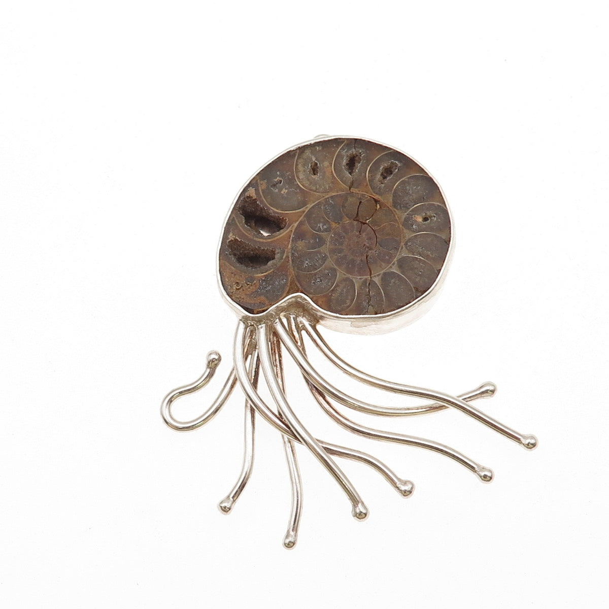 P.M. DESIGNS 925 Sterling Silver Vintage Real Ammonite Fossil Modernist Pendant