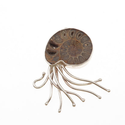 P.M. DESIGNS 925 Sterling Silver Vintage Real Ammonite Fossil Modernist Pendant