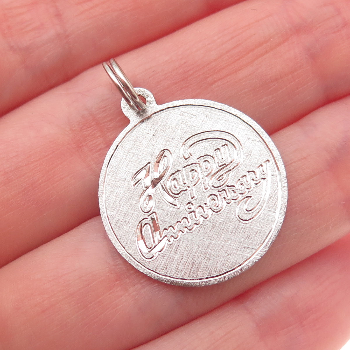 925 Sterling Silver Vintage Happy Anniversary Round Tag Charm Pendant