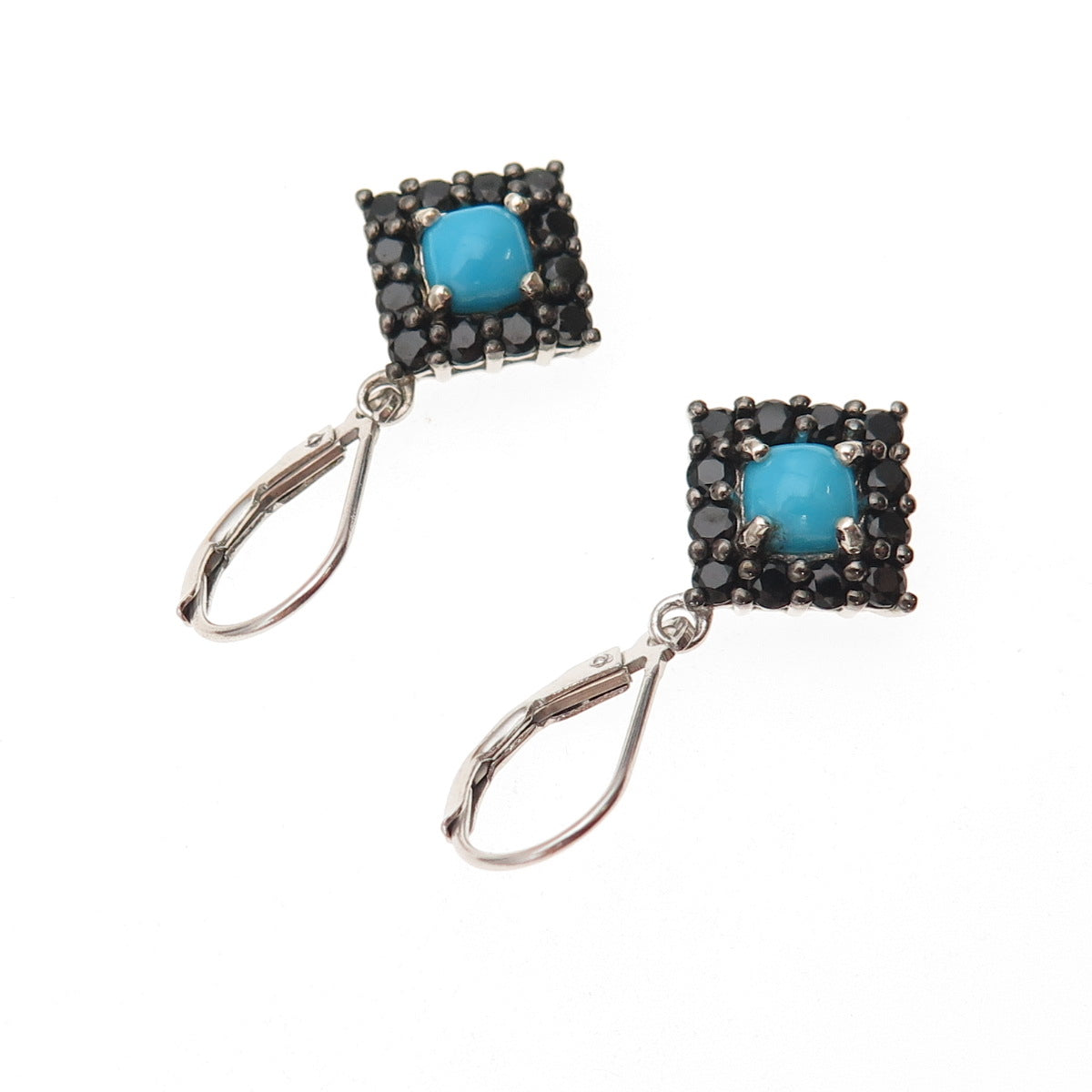 Chuck Clemency 925 Sterling Silver Real Turquoise & Black Spinel Dangle Earrings