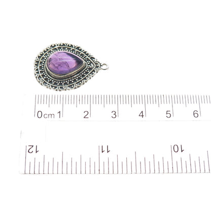 925 Sterling Silver Vintage Real Amethyst Oxidized Teardrop Charm Pendant