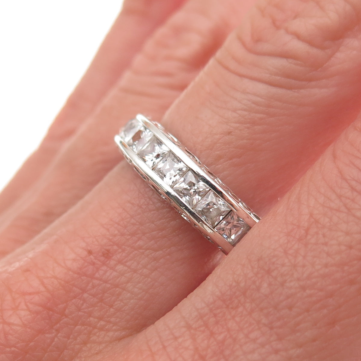 Key Star 925 Sterling Silver Princess-Cut C Z Eternity Band Ring Size 9