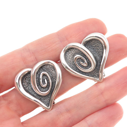 925 Sterling Silver Vintage Mexico Modernist Heart Oxidized Clip On Earrings