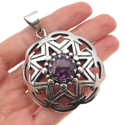 925 Sterling Silver Vintage Lab-Created Peacock Sapphire Large 37.1g Pendant