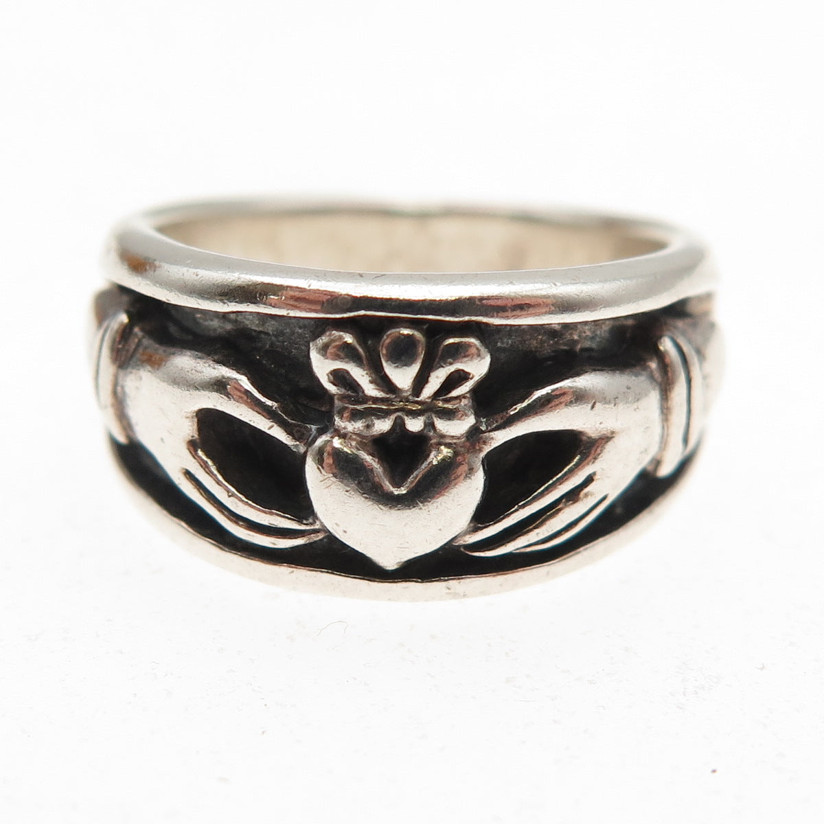925 Sterling Silver Vintage Irish Claddagh Oxidized Ring Size 5.75