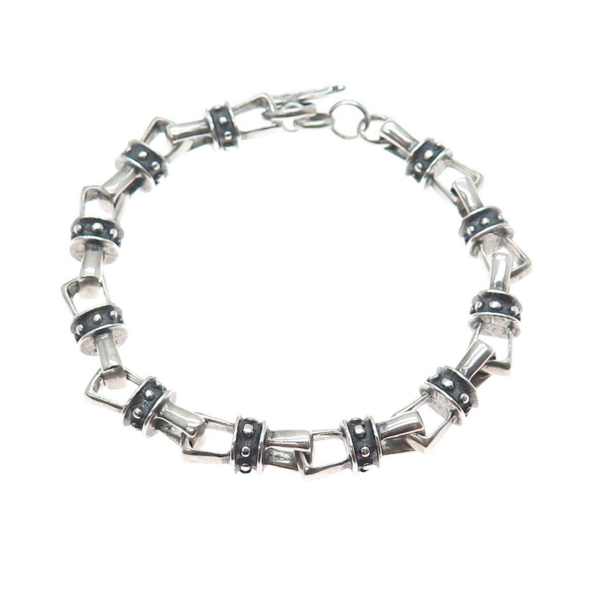 925 Sterling Silver Vintage Beaded Anchor Link Oxidized Bracelet 7"