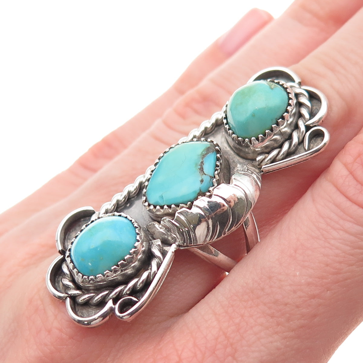 Old Pawn 925 Sterling Silver Vintage Southwestern Turquoise Tribal Ring Size 8