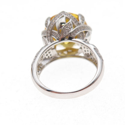 925 Sterling Silver Round-Cut Canary & White C Z Statement Ring Size 7.25