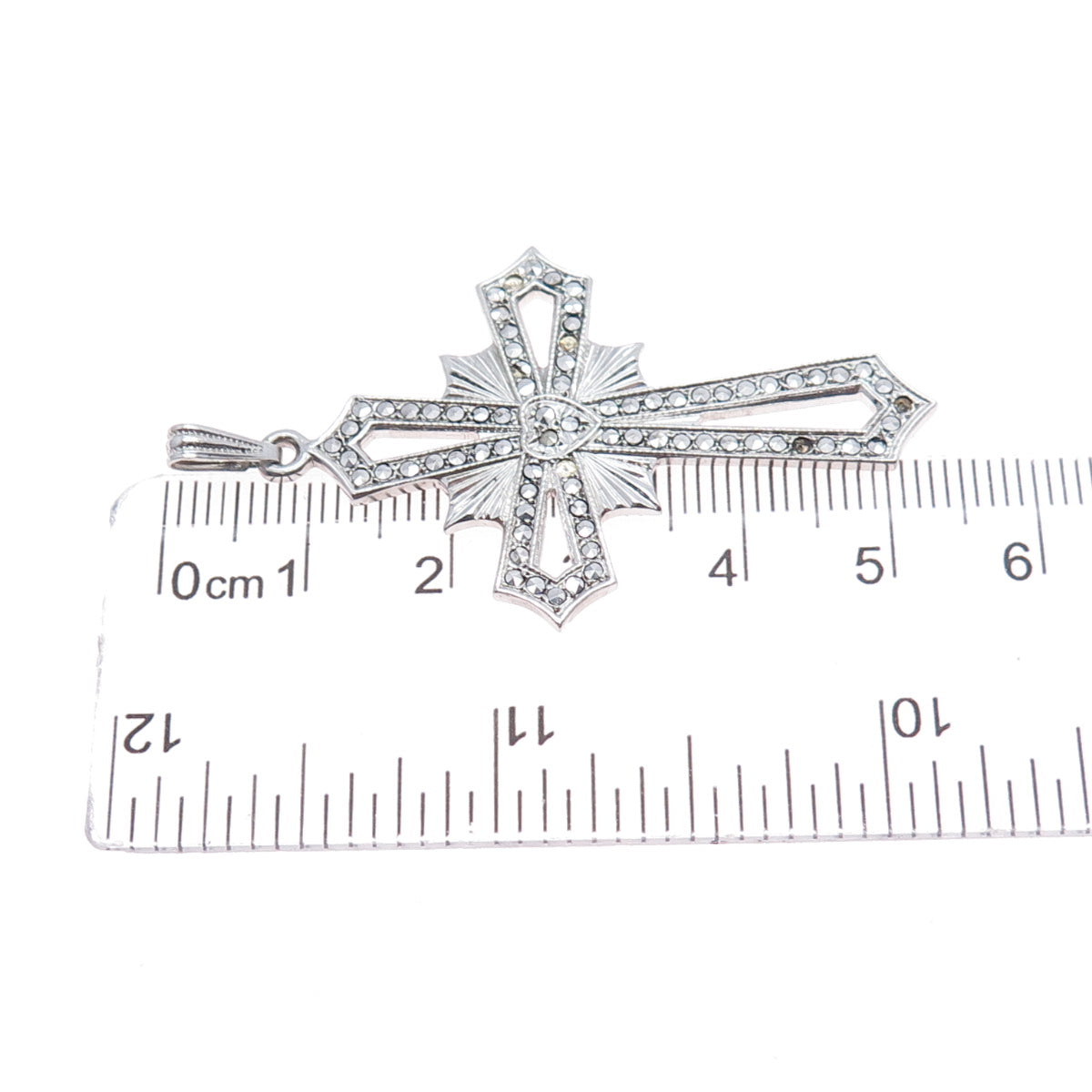 925 Sterling Silver Antique Real Marcasite Cross Pendant (missing 6 stones)