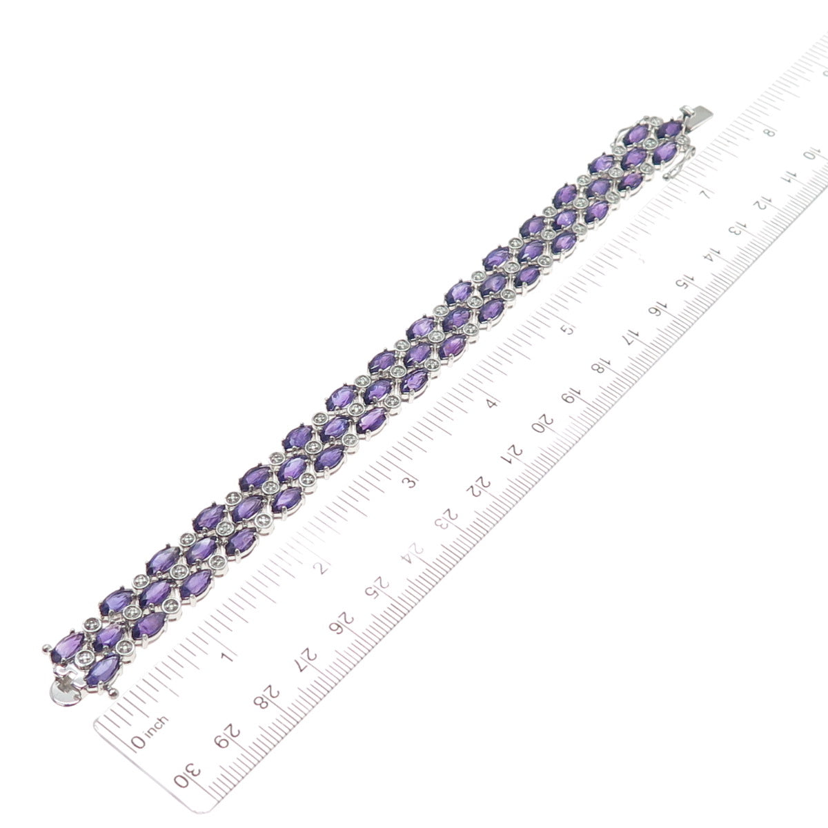 FADI 925 Sterling Real Round-Cut Diamond & Marquise-Cut Amethyst Bracelet 7.25"