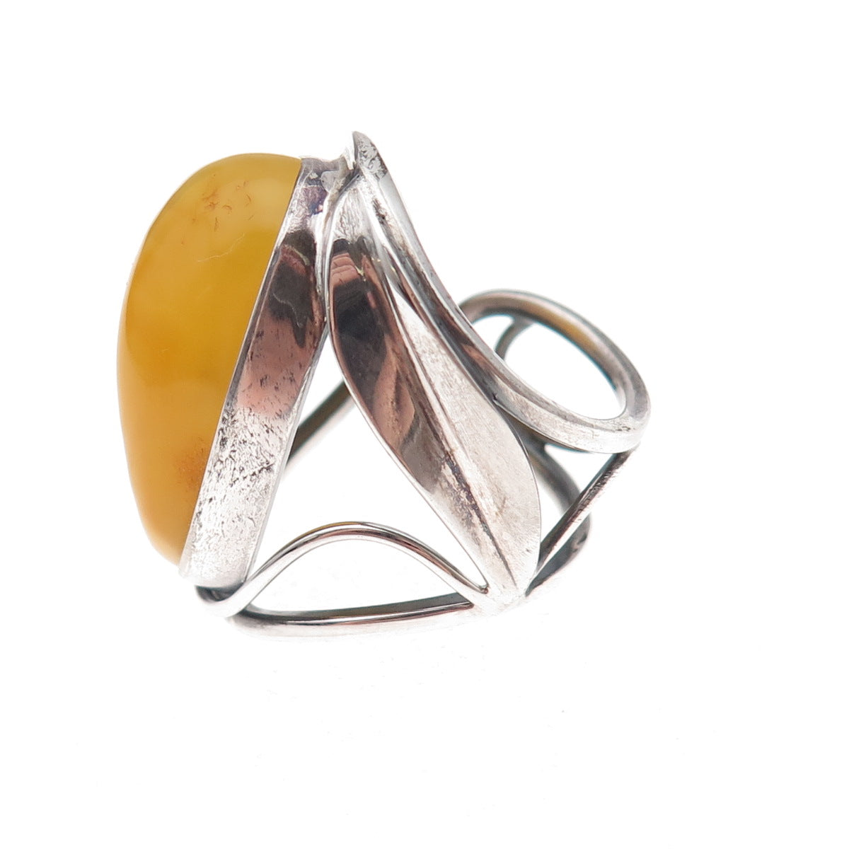 925 Sterling Vintage Real Butterscotch Amber Modernist Adjustable Ring Size 6