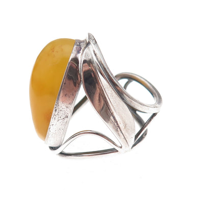 925 Sterling Vintage Real Butterscotch Amber Modernist Adjustable Ring Size 6