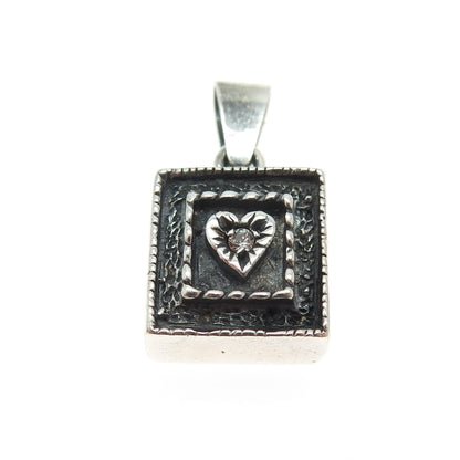 HUGHES 925 Sterling Silver Vintage C Z Heart Oxidized Minimalist Pendant