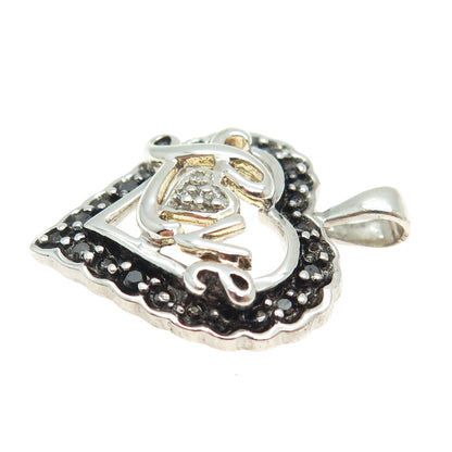 925 Sterling Silver Real Round-Cut Black & White Diamond "Love" Heart Pendant