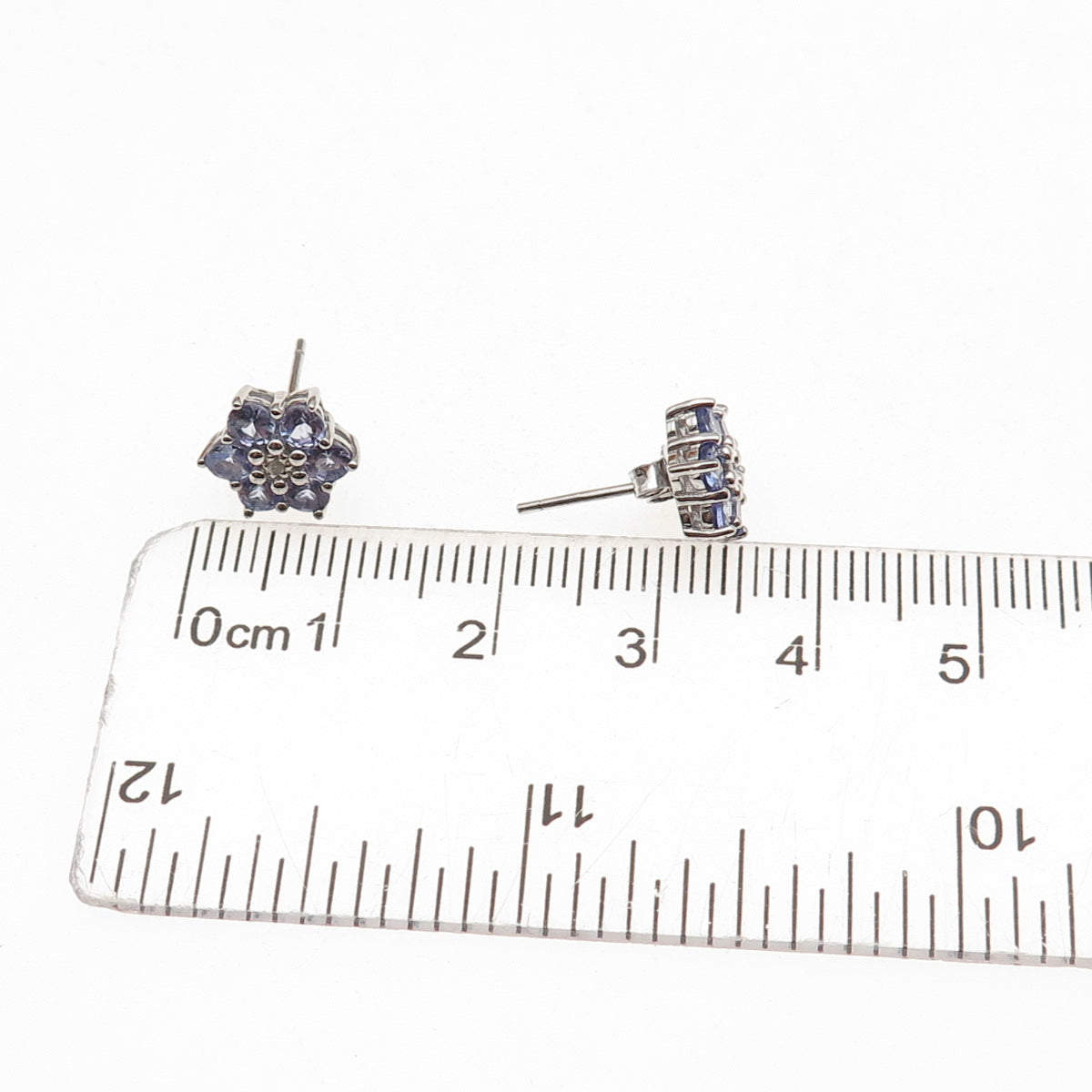 925 Sterling Silver Real Round-Cut Diamond & Tanzanite Floral Stud Earrings