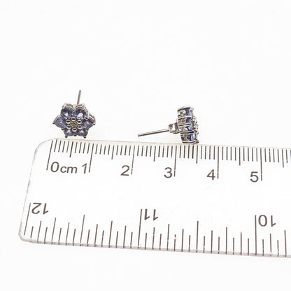 925 Sterling Silver Real Round-Cut Diamond & Tanzanite Floral Stud Earrings