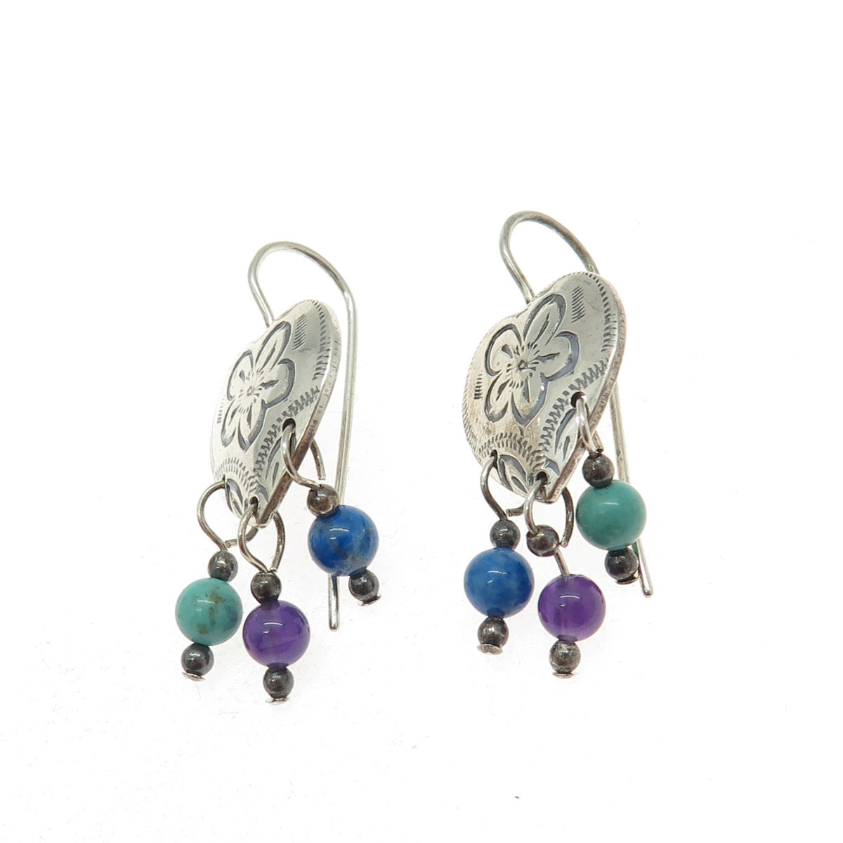 CAROLYN POLLACK Old Pawn Sterling Silver Turquoise Amethyst Lapis Heart Earrings