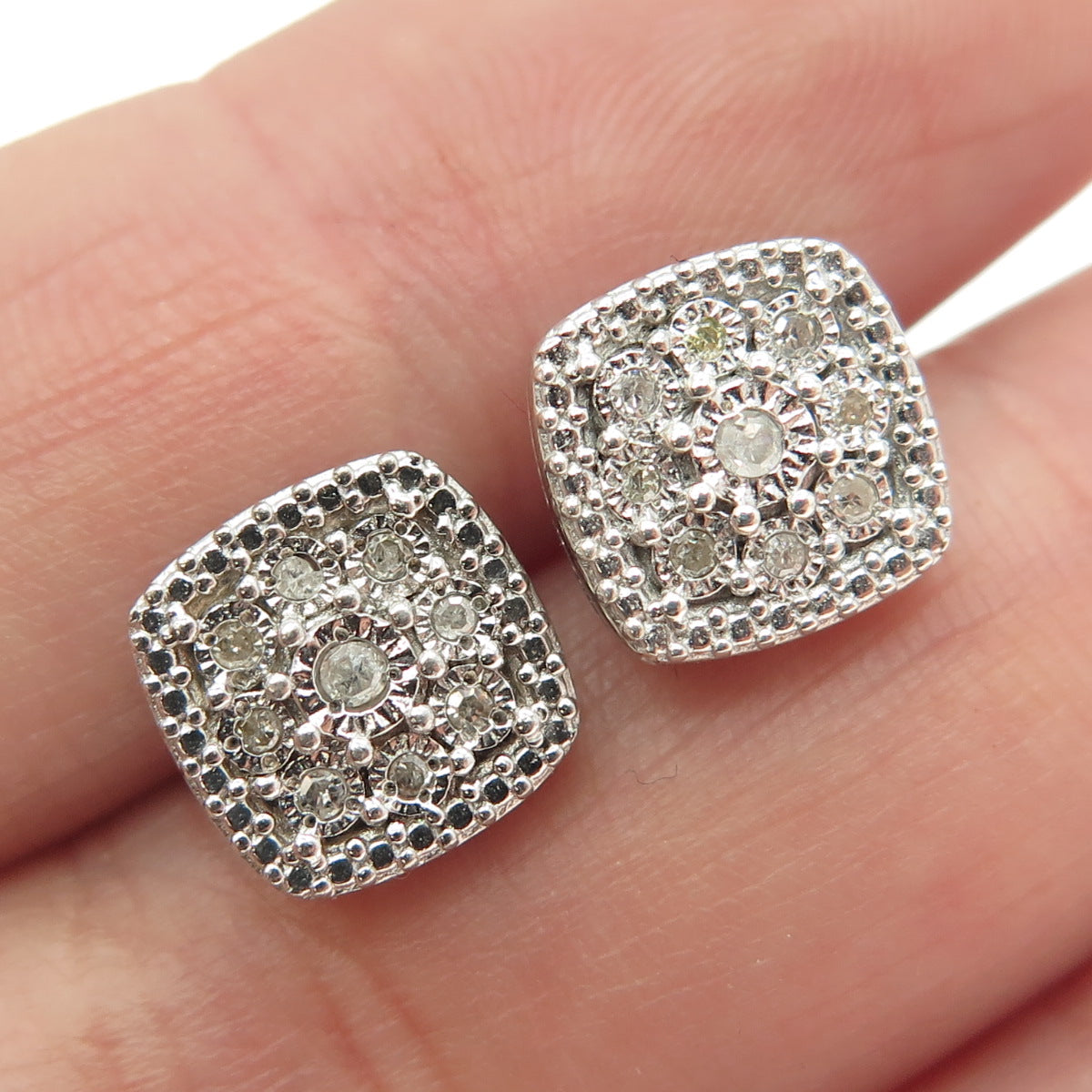 925 Sterling Silver Real Round-Cut White Diamond Square Earrings