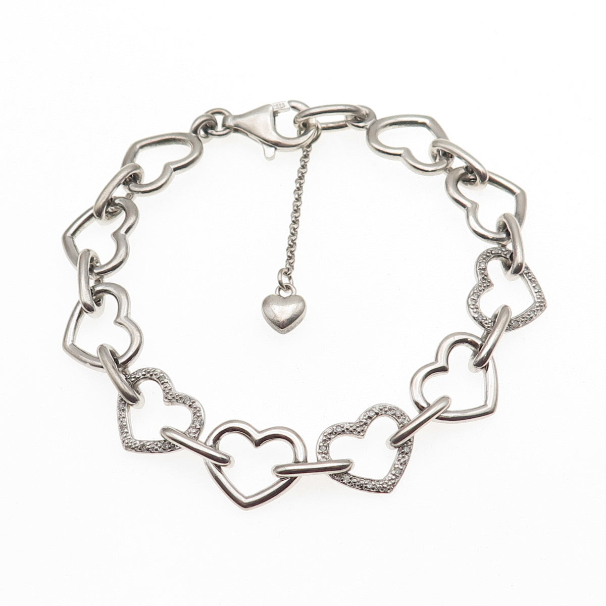 925 Sterling Silver Real Diamond Heart Link Bracelet 7.5"