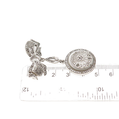 Kimler & Daniel Sterling Antique Art Deco Real MOP Marcasite Bow Locket Brooch