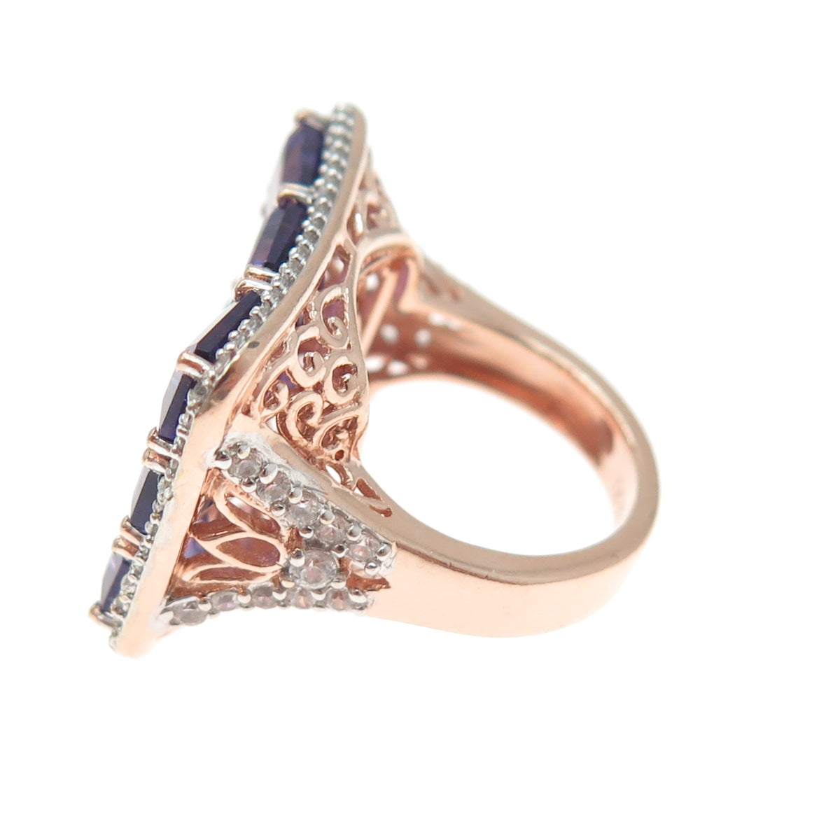 925 Sterling Silver Rose Gold Plated Real Amethyst & White Topaz Ring Size 5.25