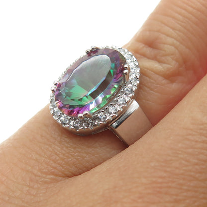 925 Sterling Silver Real Oval-Cut Mystic Quartz & Round-Cut C Z Ring Size 4.75