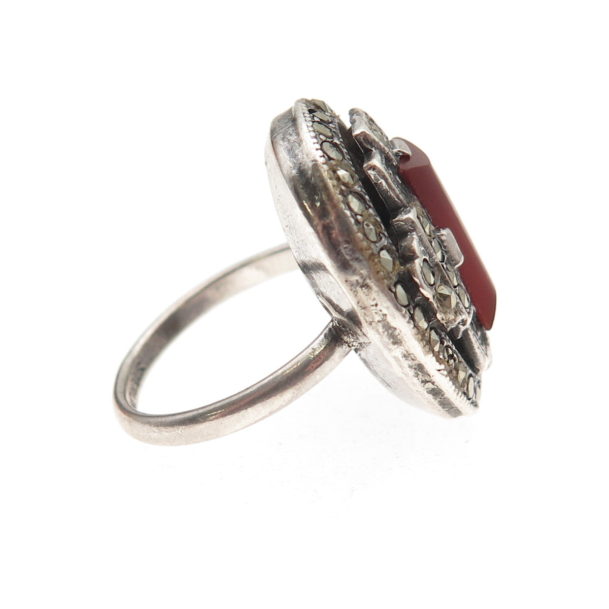 925 Sterling Silver Antique Art Deco Real Carnelian & Marcasite Ring Size 5