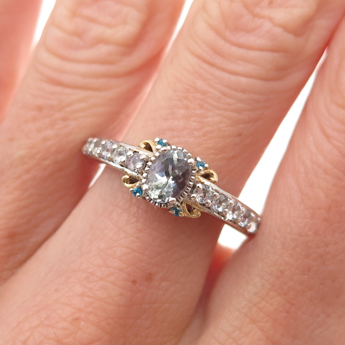 Chuck Clemency 925 Sterling Silver 2-Tone Real Tanzanite & Apatite Ring Size 8