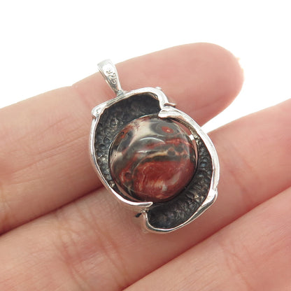 925 Sterling Silver Vintage Real Jasper Dolphins Bypass Ball Charm Pendant