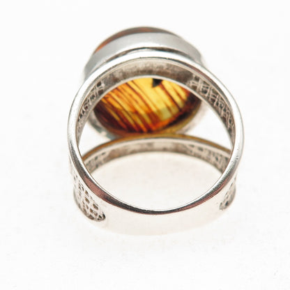 925 Sterling Silver Vintage Real Amber Modernist Oxidized Ring Size 11.25